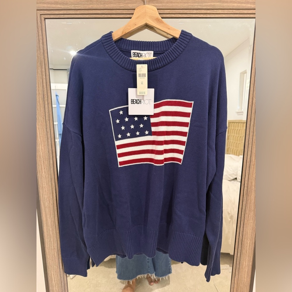 Anthropologie Beach Riot Navy Blue American Flag Sweater Size XL NWT